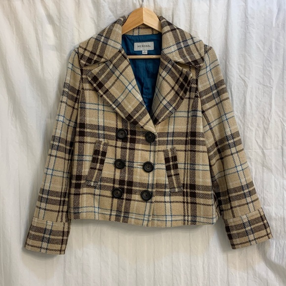 Merona Brown, Tan, Cream and Teal Cropped Pea Coat - Small - Picture 4 of 14